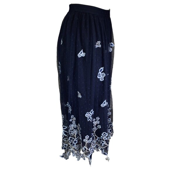 BIYAN NAVY BLUE FLORAL EMBROIDERED MESH TULLE MIDI SKIRT - Picture 2 of 5
